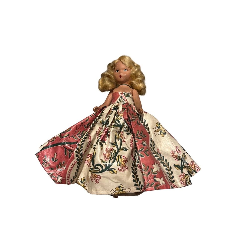 Vintage Blonde Fashion Doll in Floral Pink and Cream Ball Gown Mid-Century 1950s